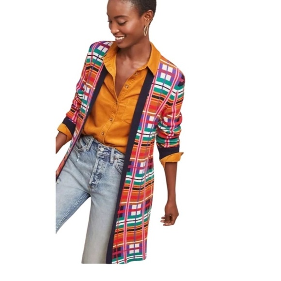 Anthropologie MOTH Long Cardigan Sweater Women’s Sz XS Willingston Plaid Belted - Picture 1 of 15